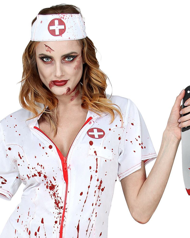 Krankenschwester-Kostüm für Damen, Blut gespritzt. Blutiges Messer-Accessoire