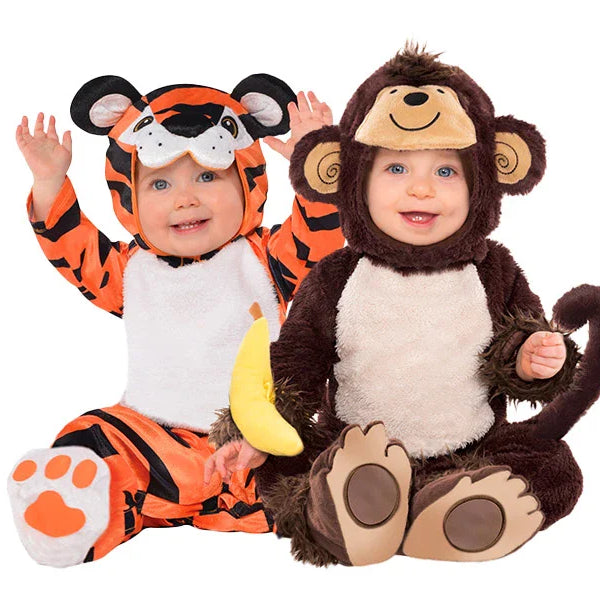 Flauschiges Tiger Babykostüm und flauschiges Affen Babykostüm mit Banana