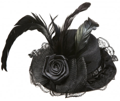 Schwarzer Minihut mit Blume, Tüll und Feder - 1