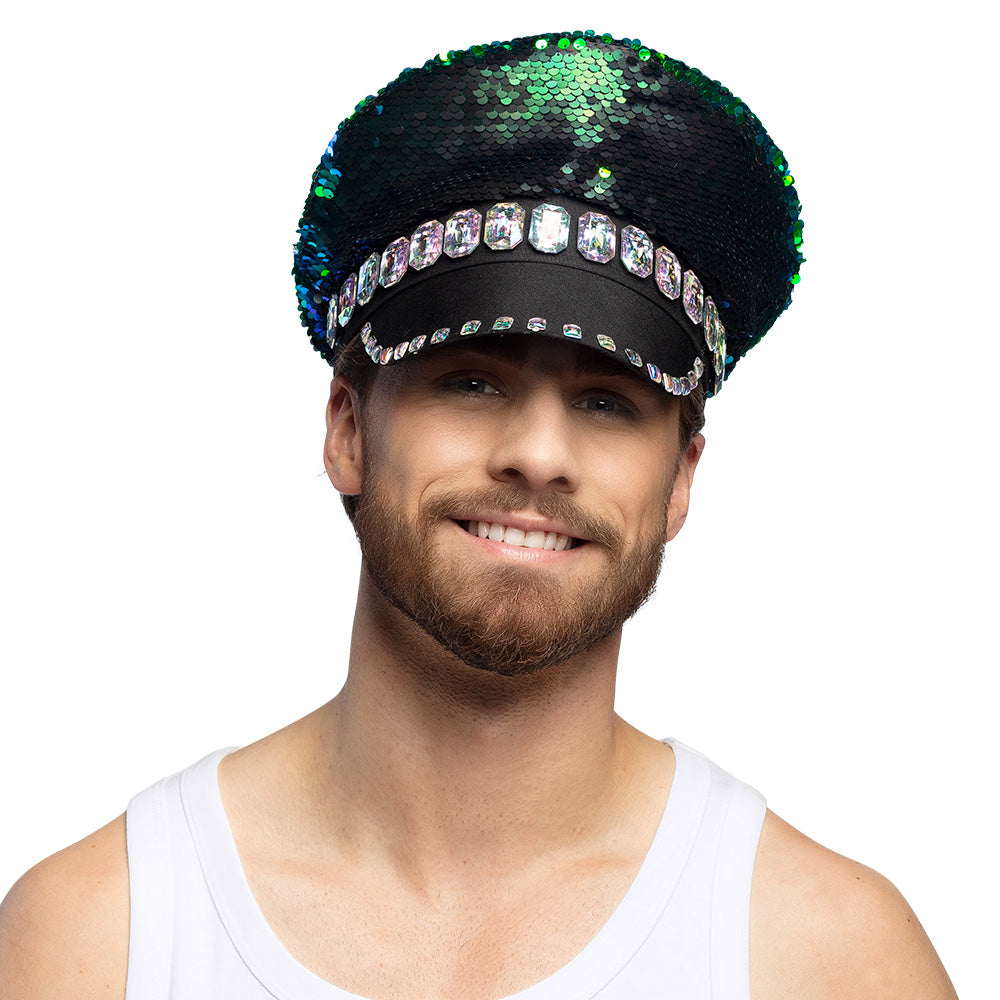 Glamour Pailletten Rockermütze blau - 4