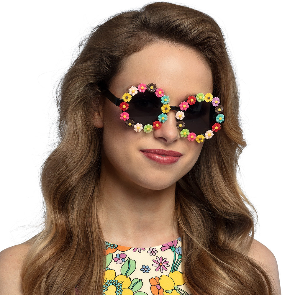 Bunte Flower Power Hippie Brille rund - 1