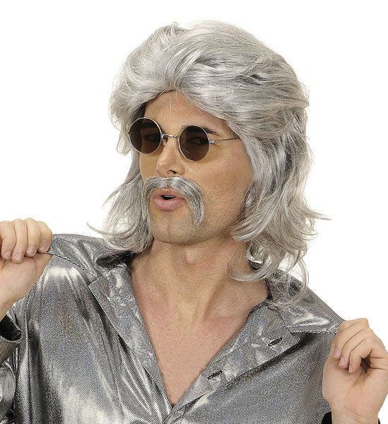 70er Jahre Disco Perücke mit Schnurrbart grau für Herren - 1