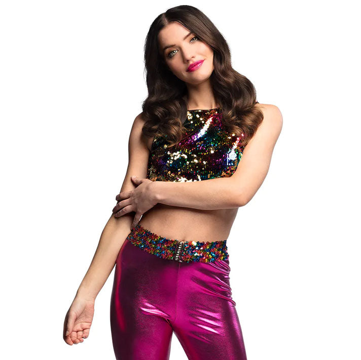 Glänzende Hose mit Pailletten-Gürtel und Pailletten-Top für Damen