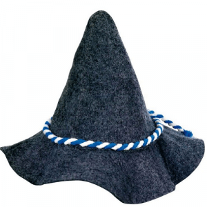 Spitzer grauer bayerischer Sepplhut mit weiß-blauer Kordel
