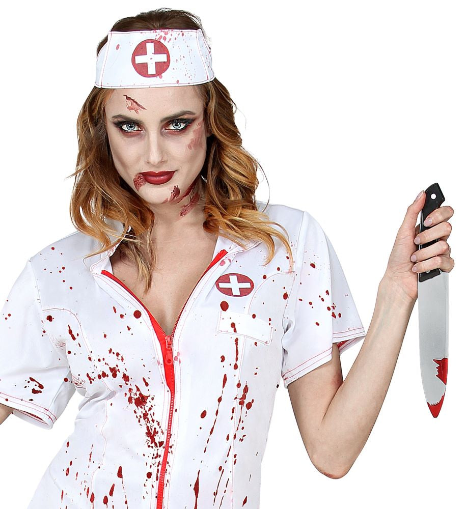 Krankenschwester-Kostüm für Damen, Blut gespritzt. Blutiges Messer-Accessoire