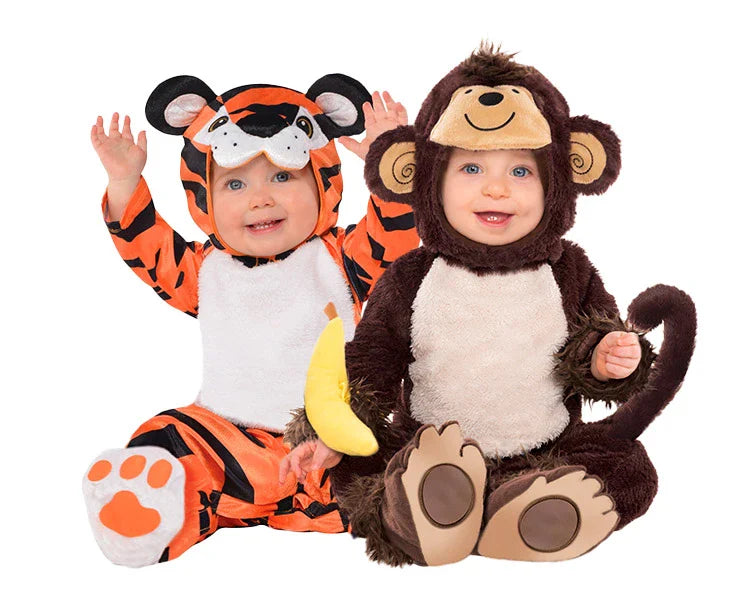 Flauschiges Tiger Babykostüm und flauschiges Affen Babykostüm mit Banana