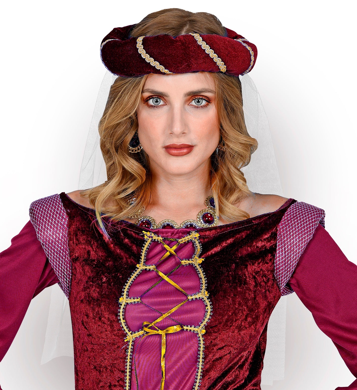 Burgdame Haarkranz mit Schleier weinrot - 1