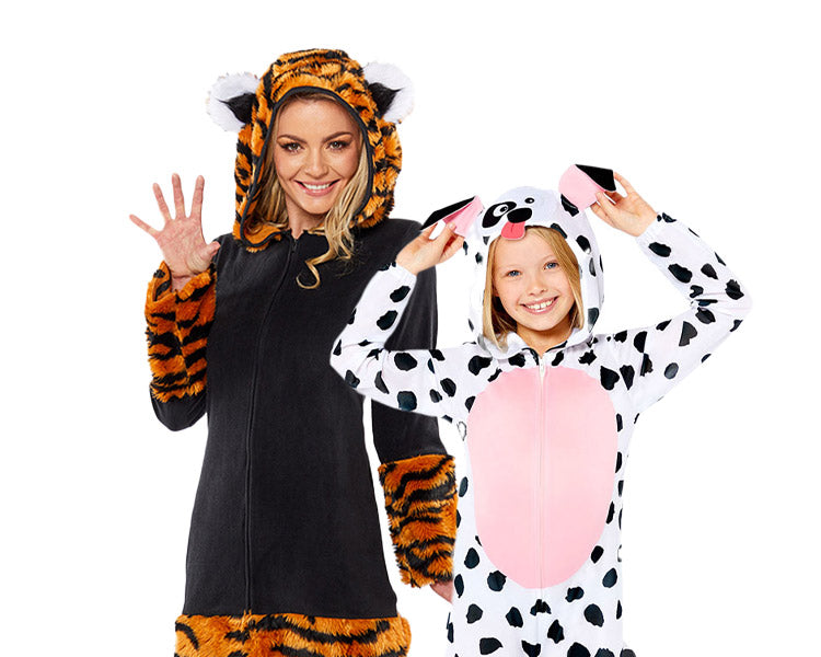 Sexy Tiger Lady Damen Kostüm und Doggie Dalmatiner Overall Kinderkostüm