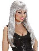 Glitzer Langhaar Perücke silber mit Pony für Damen - 1