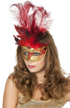 Venezia Augenmaske gold mit roten Federn - 1