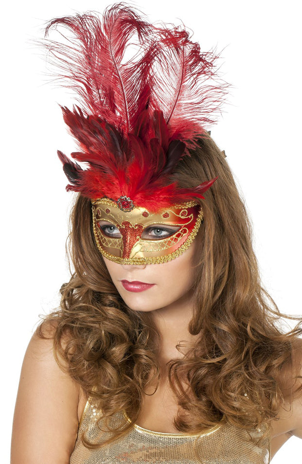 Venezia Augenmaske gold mit roten Federn - 1